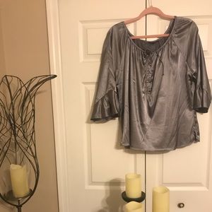 Gray satin fun blouse by Anne Klein. Size 14.